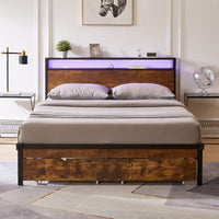 Metal Platform Bed Frame With Wooden Headboard And Footboard, 2 Drawers,LED Lights, No Box Spring Needed, Easy Assemble