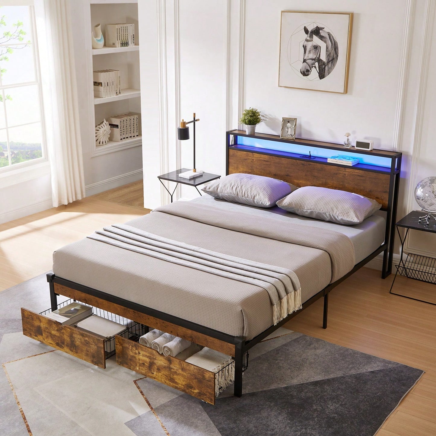 Metal Platform Bed Frame With Wooden Headboard And Footboard, 2 Drawers,LED Lights, No Box Spring Needed, Easy Assemble