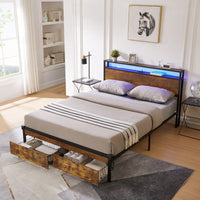 Metal Platform Bed Frame With Wooden Headboard And Footboard, 2 Drawers,LED Lights, No Box Spring Needed, Easy Assemble