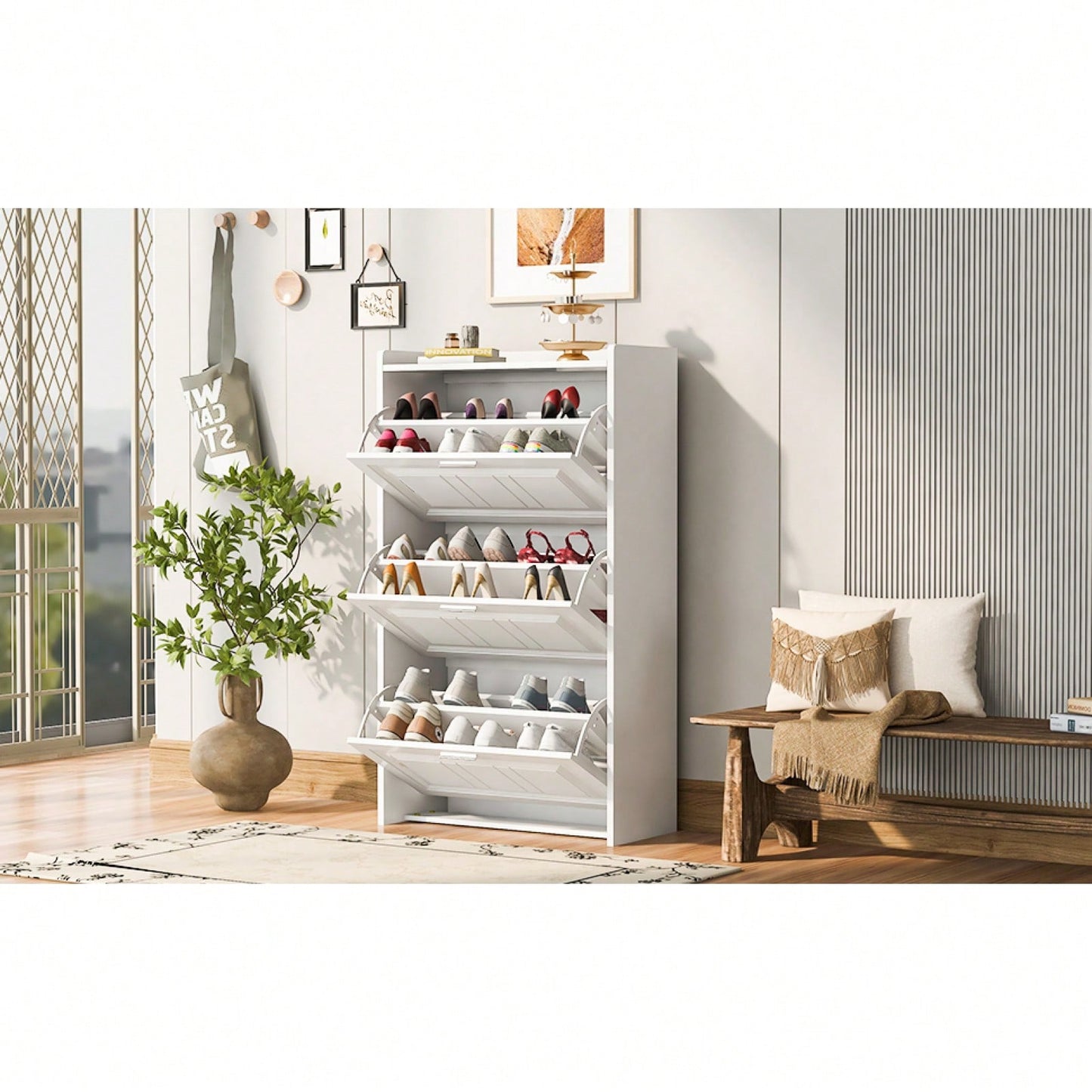 3 Flip Drawer Shoe Storage Cabinet With Apron Design, Modern Shoe Organizer Cabinet For Entryway, Hallway, Living Room