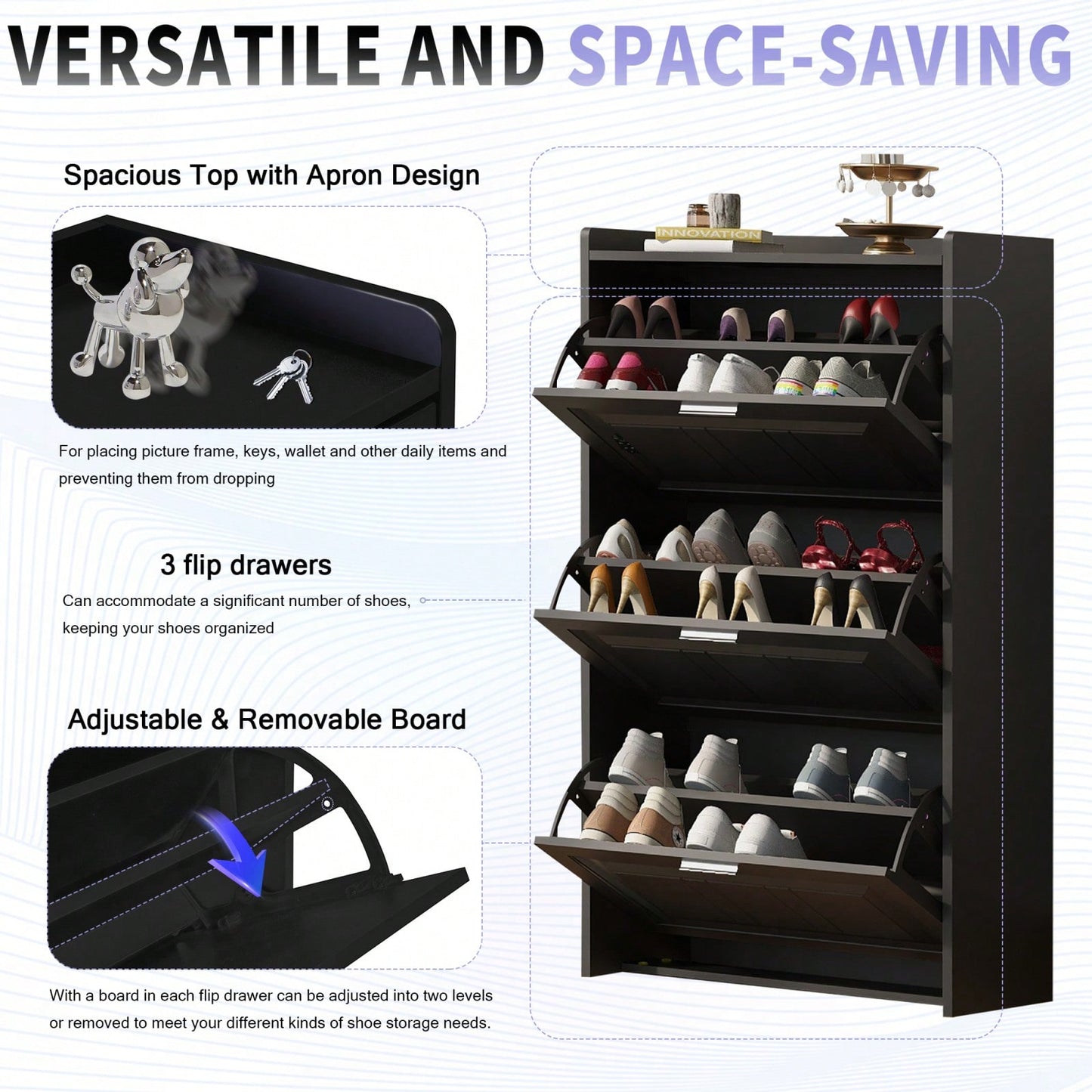 3 Flip Drawer Shoe Storage Cabinet With Apron Design, Modern Shoe Organizer Cabinet For Entryway, Hallway, Living Room