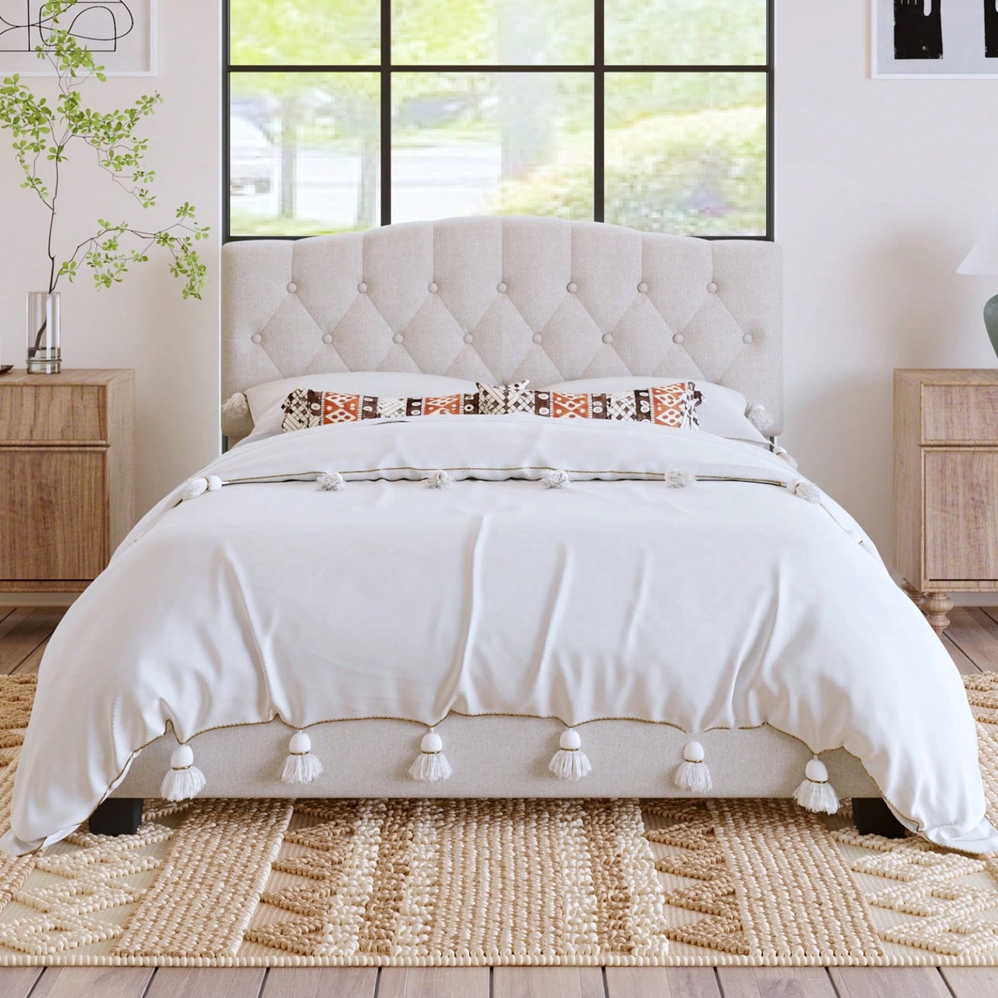 Upholstered Platform Bed With Saddle Curved Headboard And Diamond Tufted Details