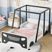 Twin Size Car-Shaped Bed With Roof,Wooden Twin Floor Bed With Wheels And Door Design