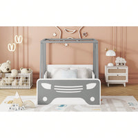 Twin Size Car-Shaped Bed With Roof,Wooden Twin Floor Bed With Wheels And Door Design