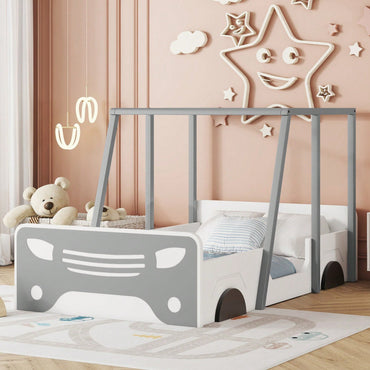 Twin Size Car-Shaped Bed With Roof,Wooden Twin Floor Bed With Wheels And Door Design