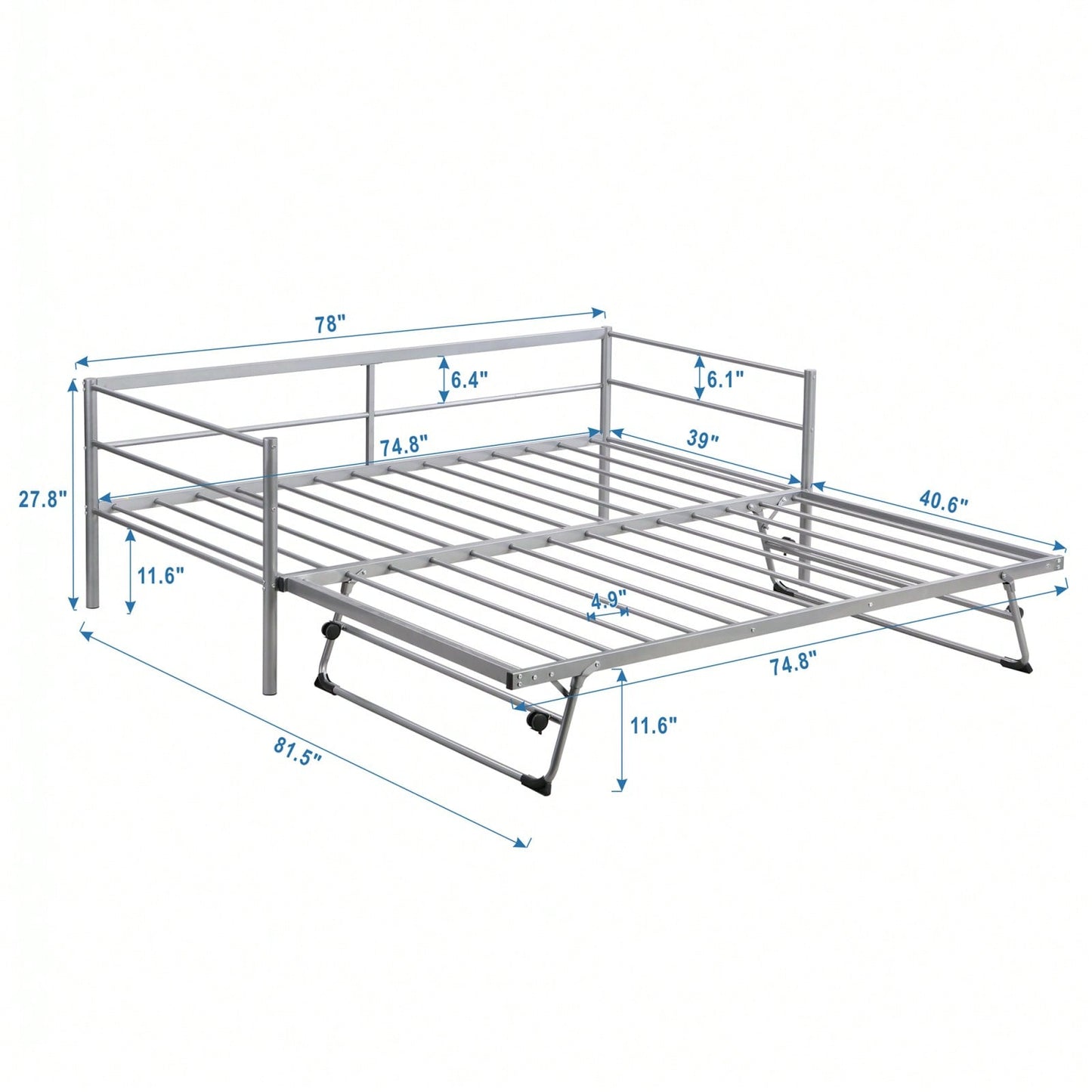 Adjustable Height Twin Daybed with Pop Up Trundle - Industrial Style Metal Frame for Bedroom and Living Room