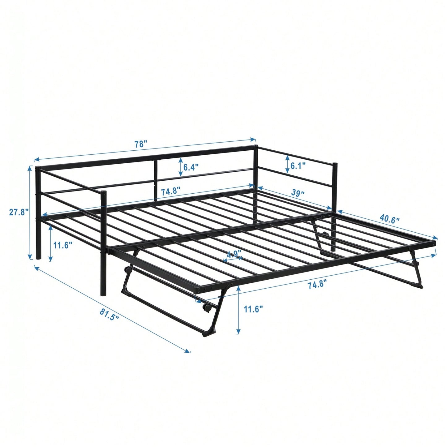 Adjustable Height Twin Daybed with Pop Up Trundle - Industrial Style Metal Frame for Bedroom and Living Room