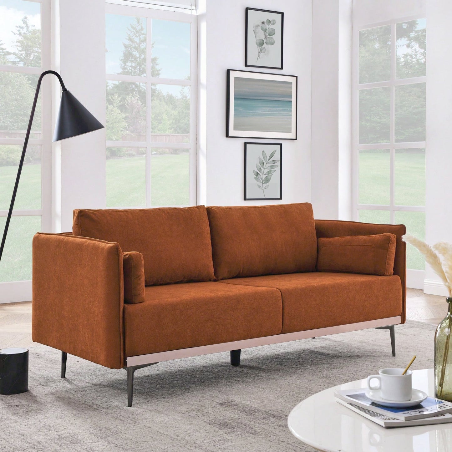 3-Seat Sofa With Stainless Steel Trim And Metal Legs For Living Room