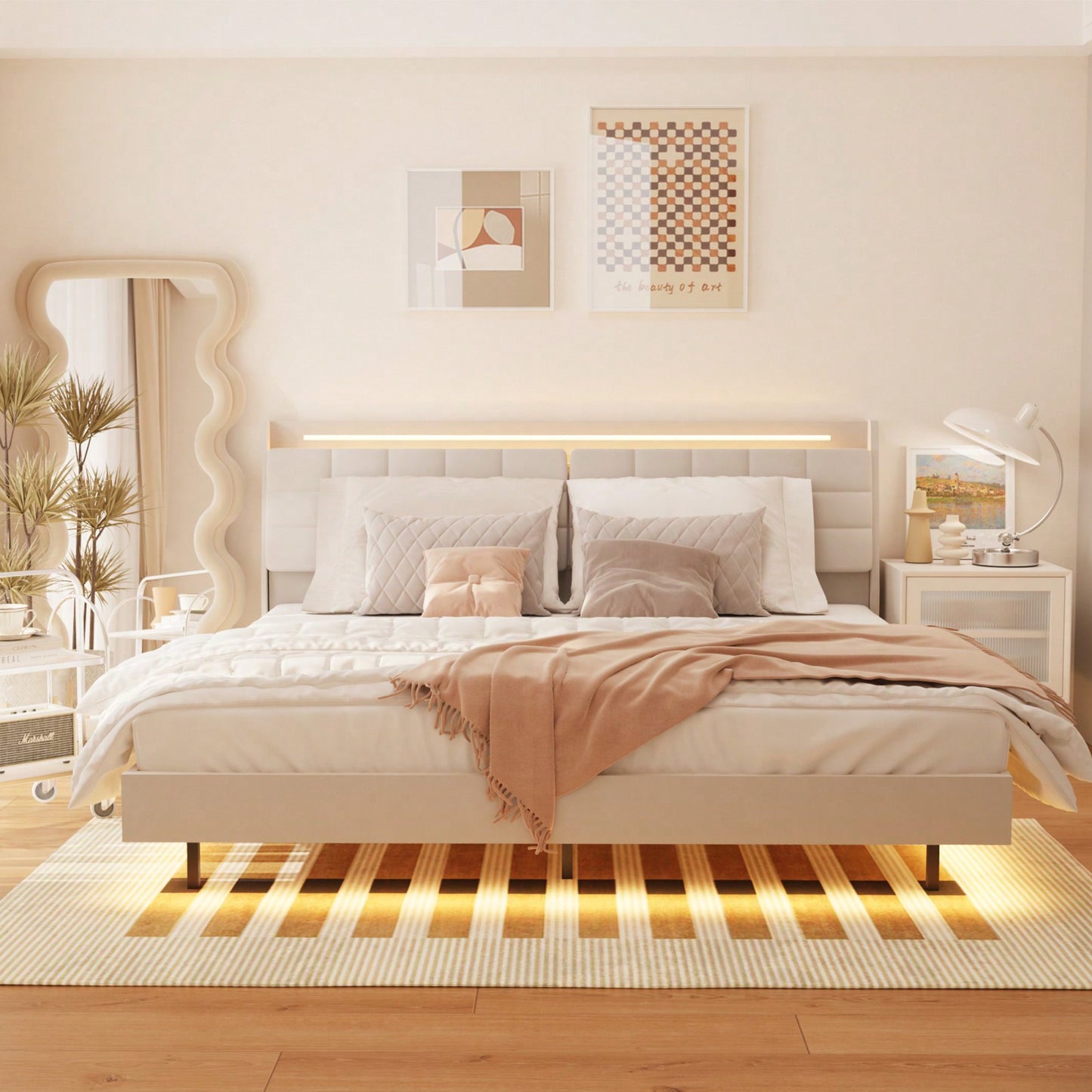 Queen Floating Bed Frame With LED Light And Charging Station Upholstered Platform Bed Frame, No Box Spring Needed