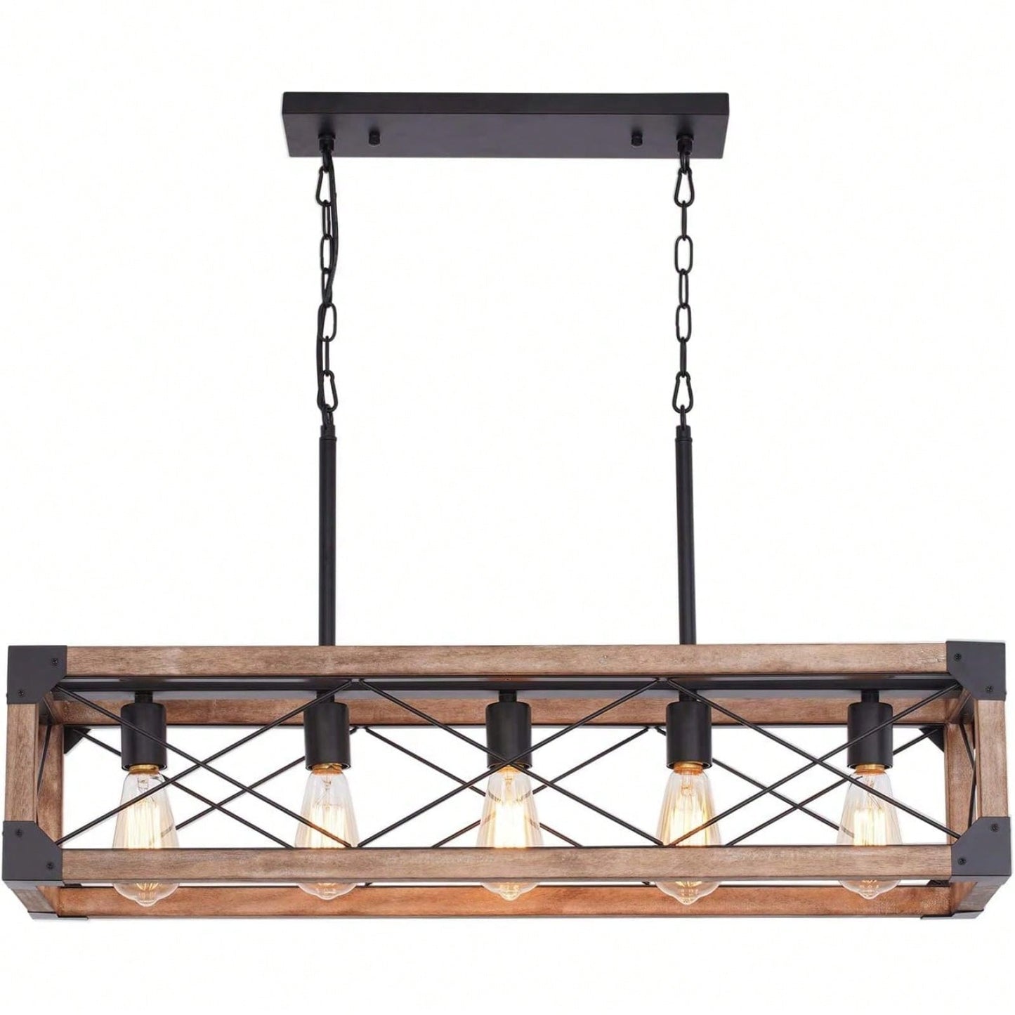 5-Light Dining Room Light Fixture, Farmhouse Linear Chandelier With Solid Wood For Dining Room Kitchen Bar Pool Table