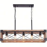 5-Light Dining Room Light Fixture, Farmhouse Linear Chandelier With Solid Wood For Dining Room Kitchen Bar Pool Table