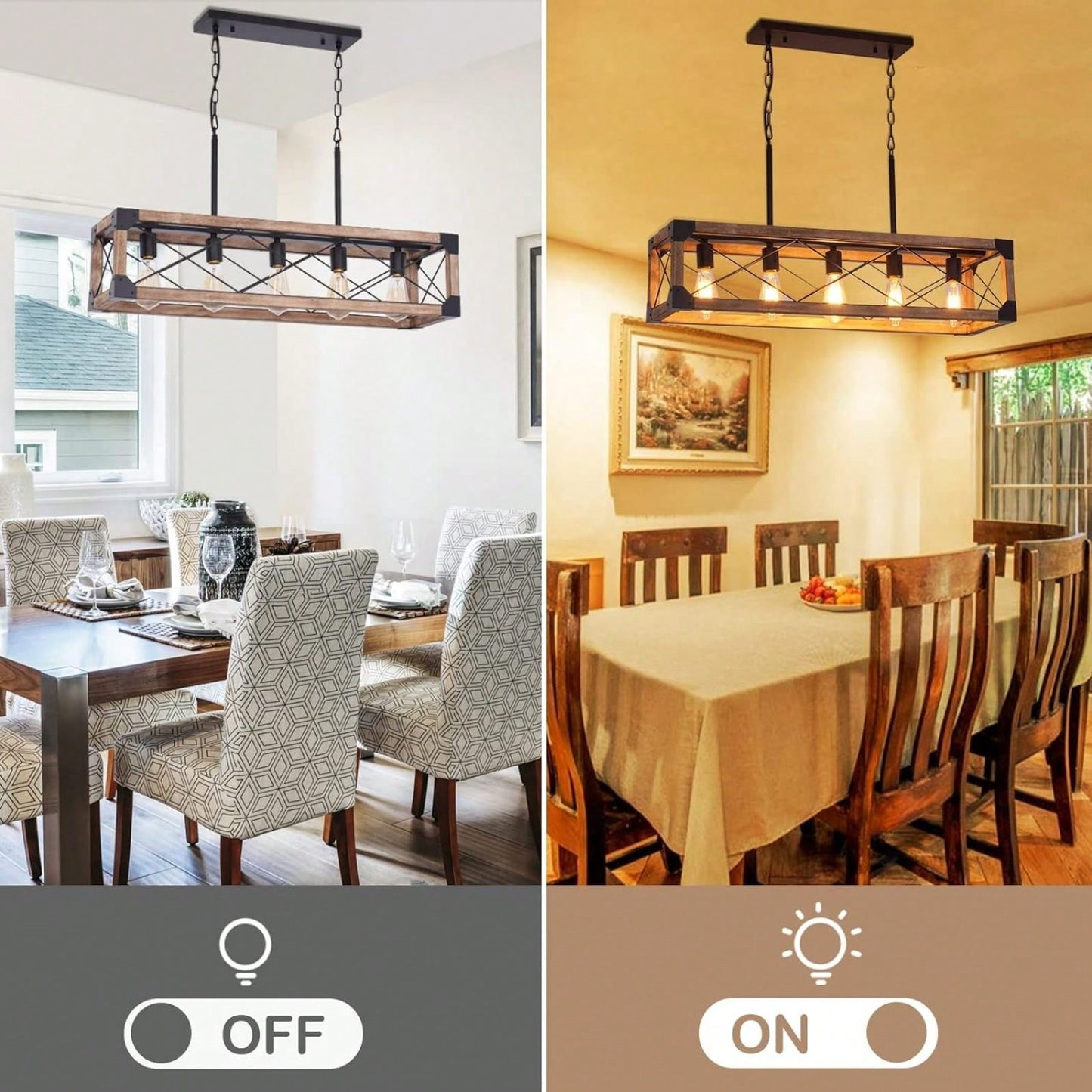 5-Light Dining Room Light Fixture, Farmhouse Linear Chandelier With Solid Wood For Dining Room Kitchen Bar Pool Table