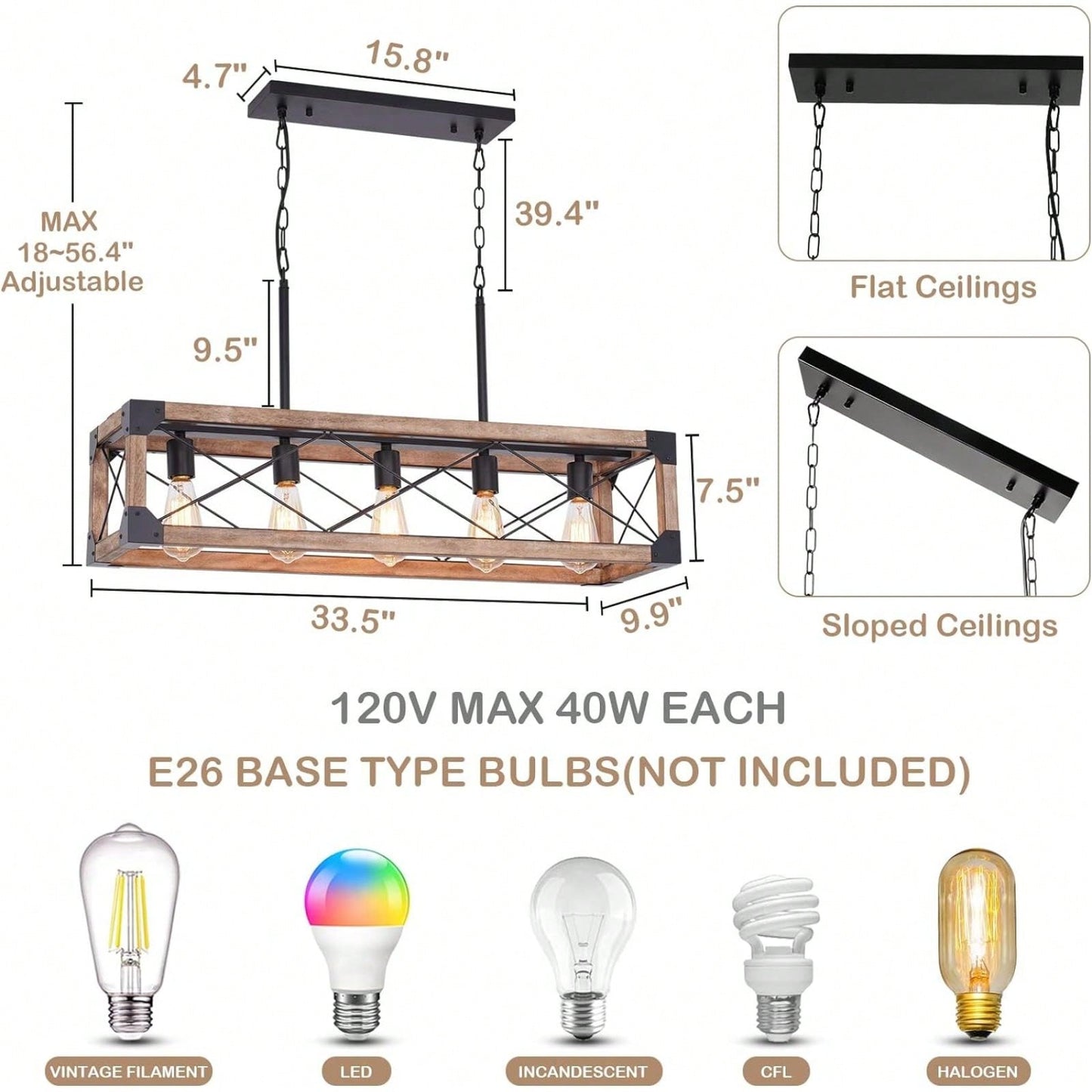 5-Light Dining Room Light Fixture, Farmhouse Linear Chandelier With Solid Wood For Dining Room Kitchen Bar Pool Table