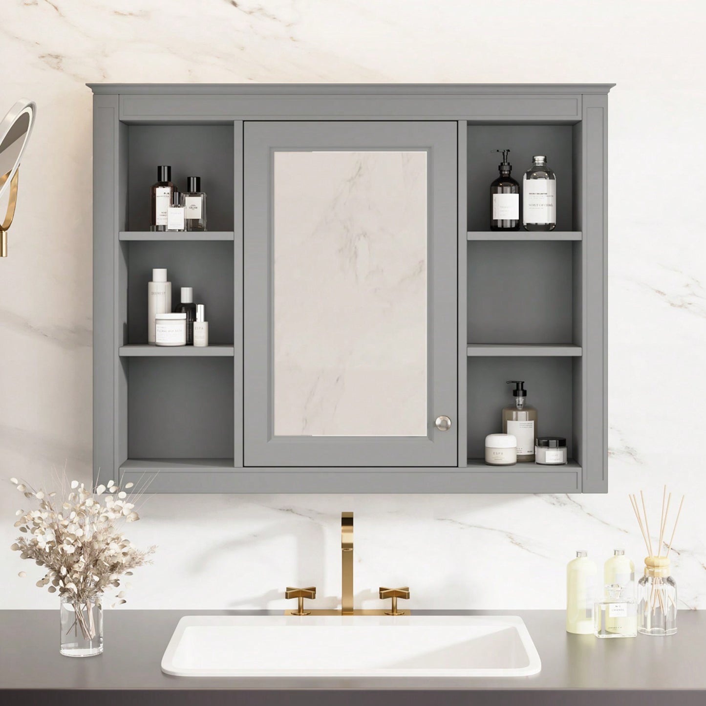 Wall Mounted Bathroom Storage Cabinet, Modern Bathroom Wall Cabinet With Mirror, Mirror Cabinet With 6 Open Shelves