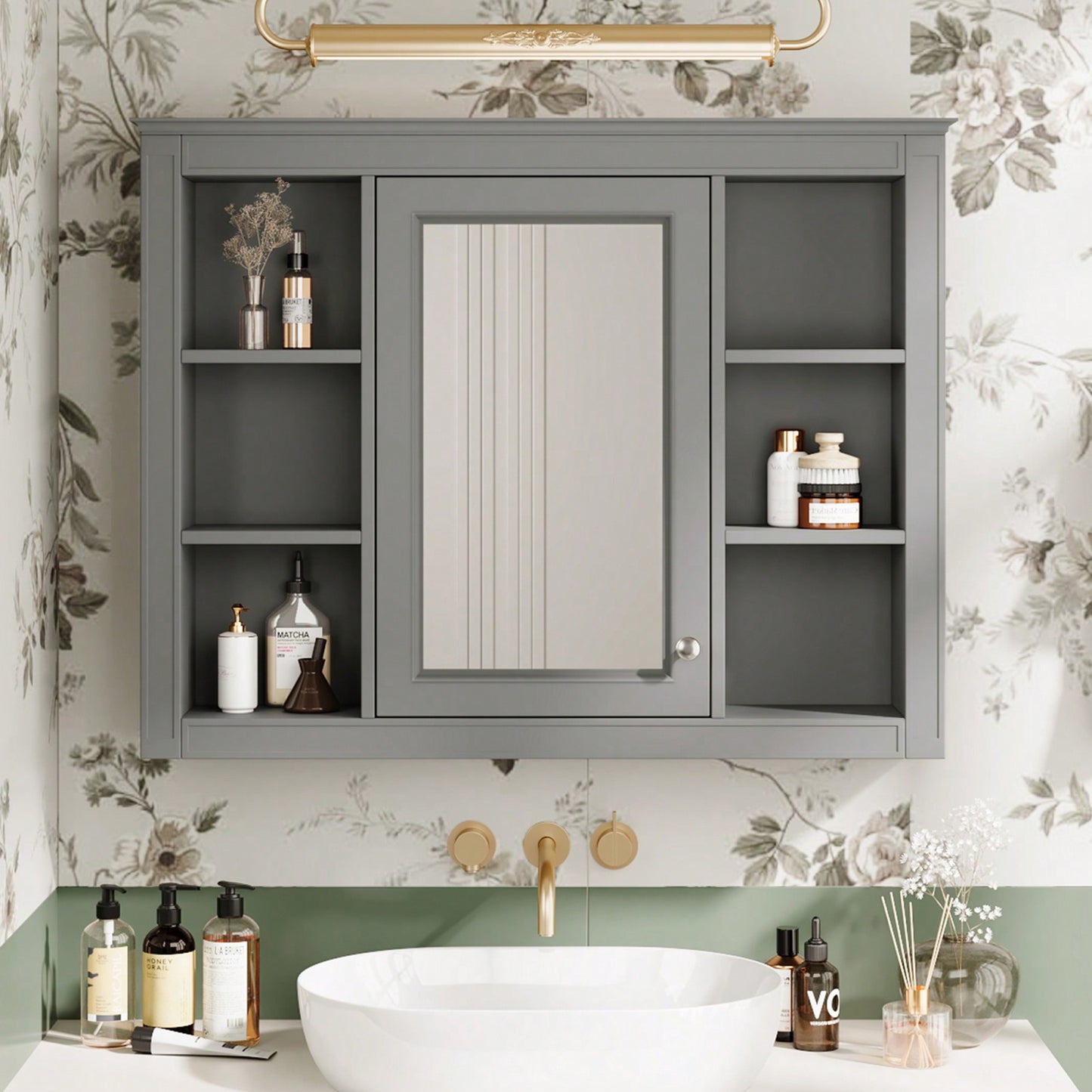 Wall Mounted Bathroom Storage Cabinet, Modern Bathroom Wall Cabinet With Mirror, Mirror Cabinet With 6 Open Shelves