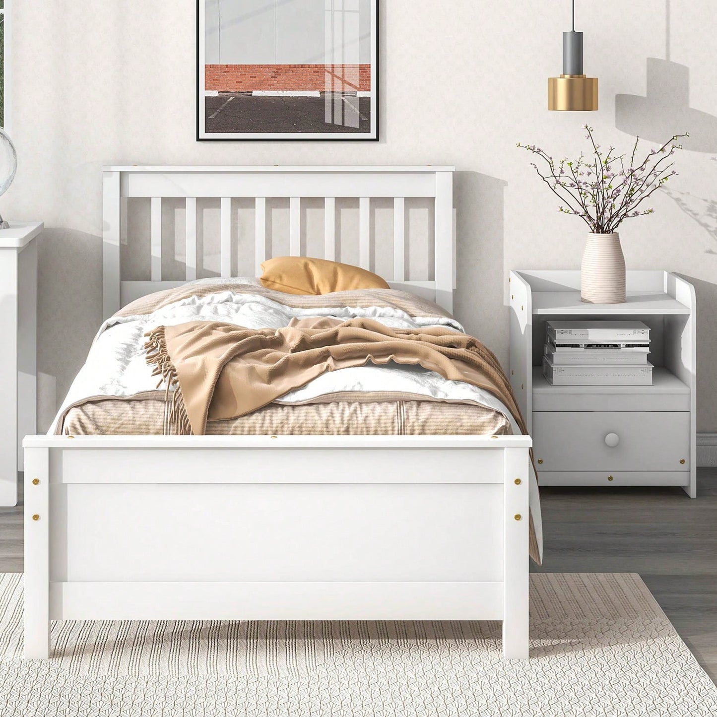 Twin Bed With Headboard And Footboard For Kids, Teens, Adults,With A Nightstand