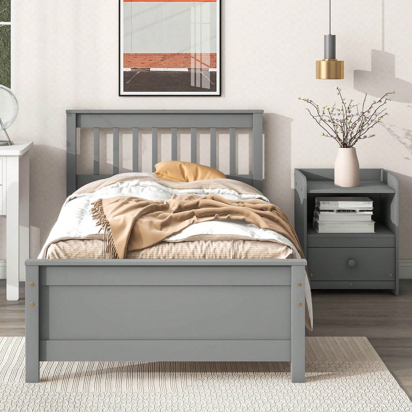 Twin Bed With Headboard And Footboard For Kids, Teens, Adults,With A Nightstand