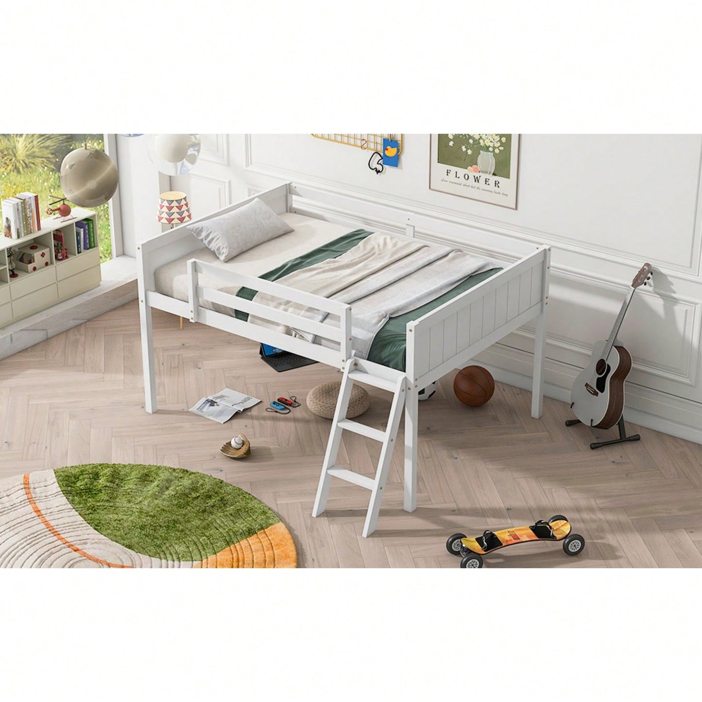 Full Size Wood Low Loft Bed With Ladder, Ladder Can Be Placed On The Left Or Right