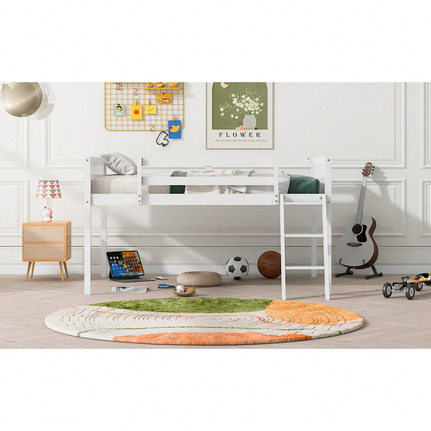 Full Size Wood Low Loft Bed With Ladder, Ladder Can Be Placed On The Left Or Right