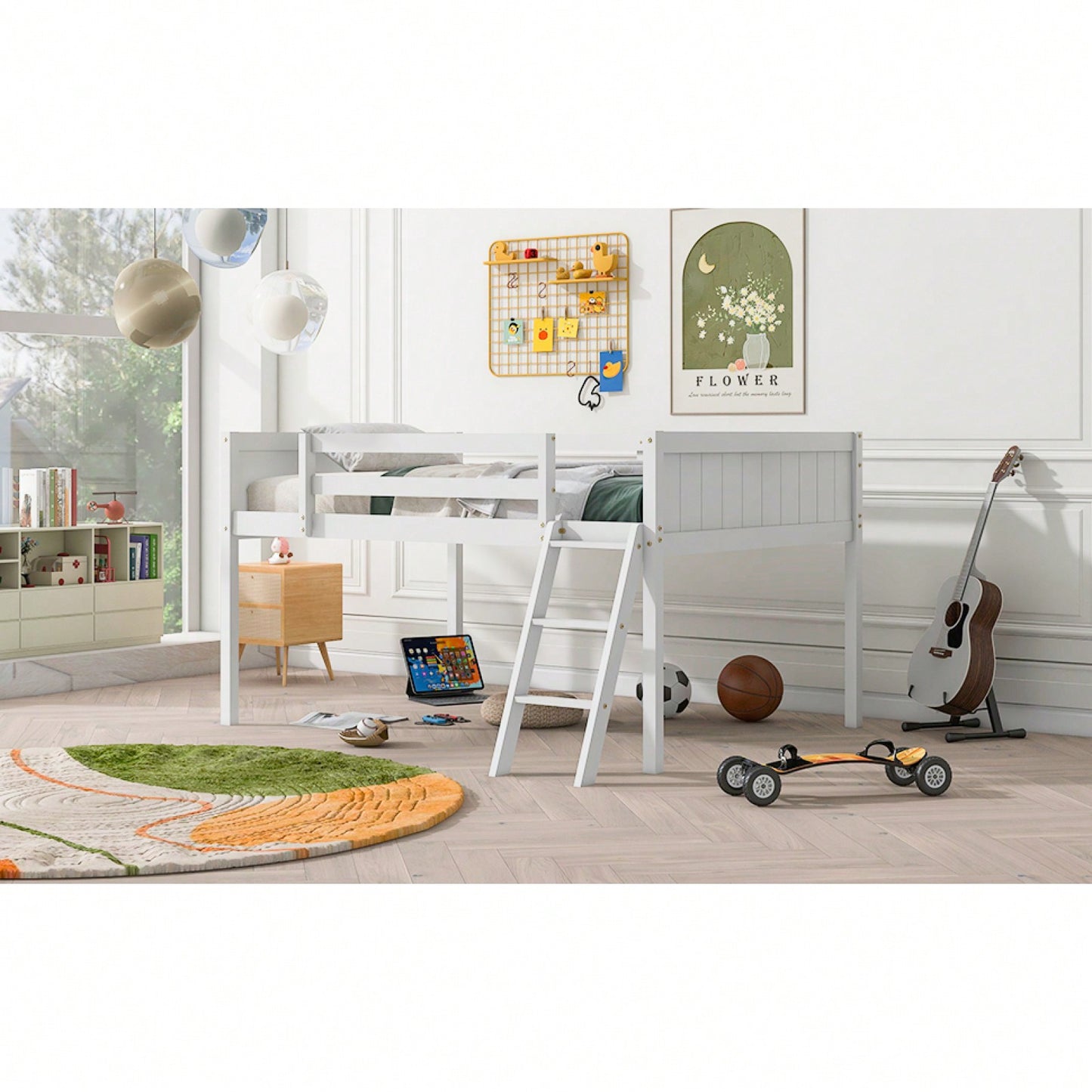 Full Size Wood Low Loft Bed With Ladder, Ladder Can Be Placed On The Left Or Right