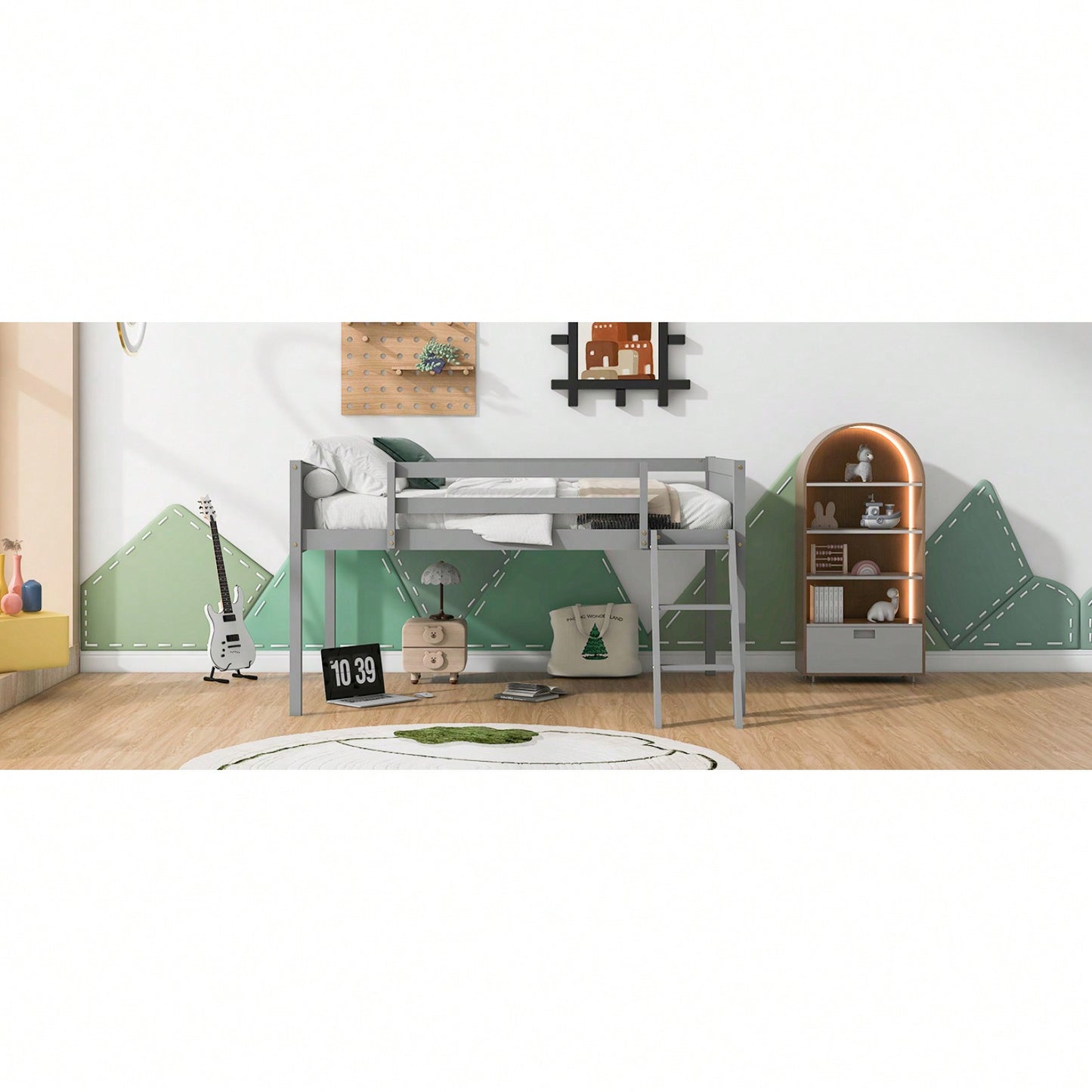 Full Size Wood Low Loft Bed With Ladder, Ladder Can Be Placed On The Left Or Right