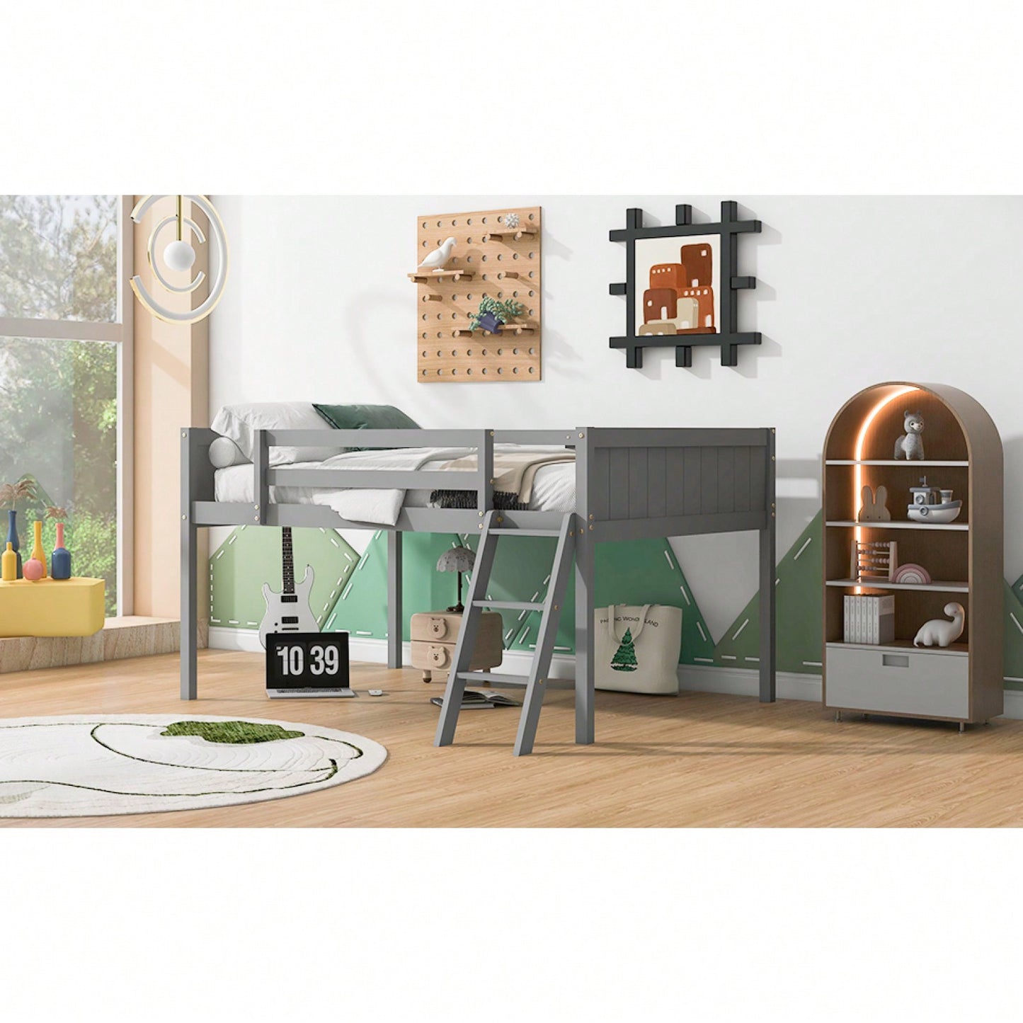Full Size Wood Low Loft Bed With Ladder, Ladder Can Be Placed On The Left Or Right