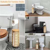 Handmade Rattan Freestanding Toilet Paper Holder with Storage for 3 Rolls Boho Farmhouse Bathroom Decor