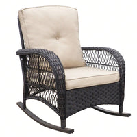 Outdoor Rattan Rocker Chair,Hand-Woven Resin Wicker Rocking Chair With Cushions,Sturdy Metal Frame For Backyard,Porch