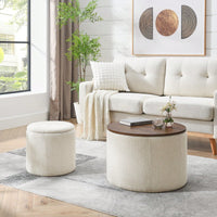 Round Chenille Ottoman Set with Hidden Storage and Soft Padded Foot Stool for Living Room and Bedroom 23.62 Inches