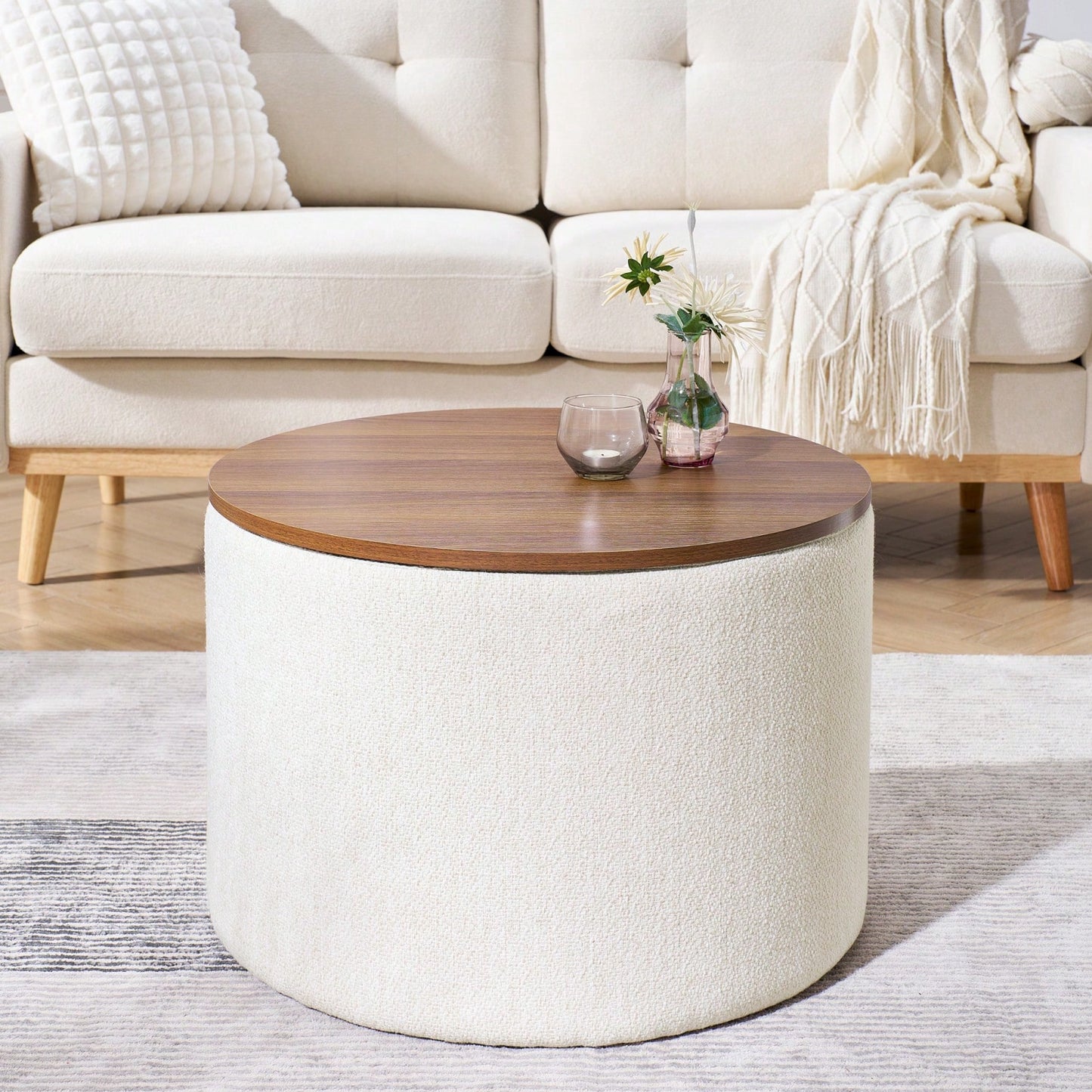 Round Chenille Ottoman Set with Hidden Storage and Soft Padded Foot Stool for Living Room and Bedroom 23.62 Inches