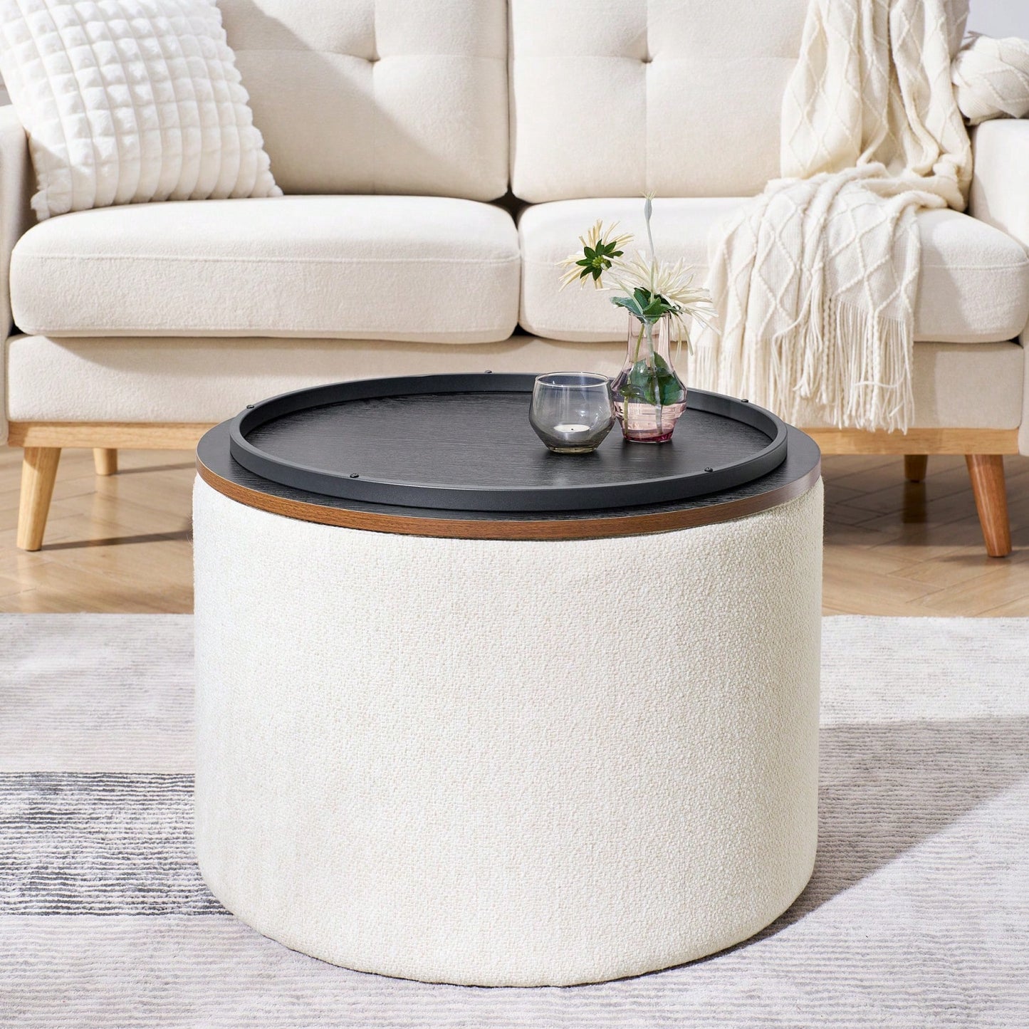 Round Chenille Ottoman Set with Hidden Storage and Soft Padded Foot Stool for Living Room and Bedroom 23.62 Inches