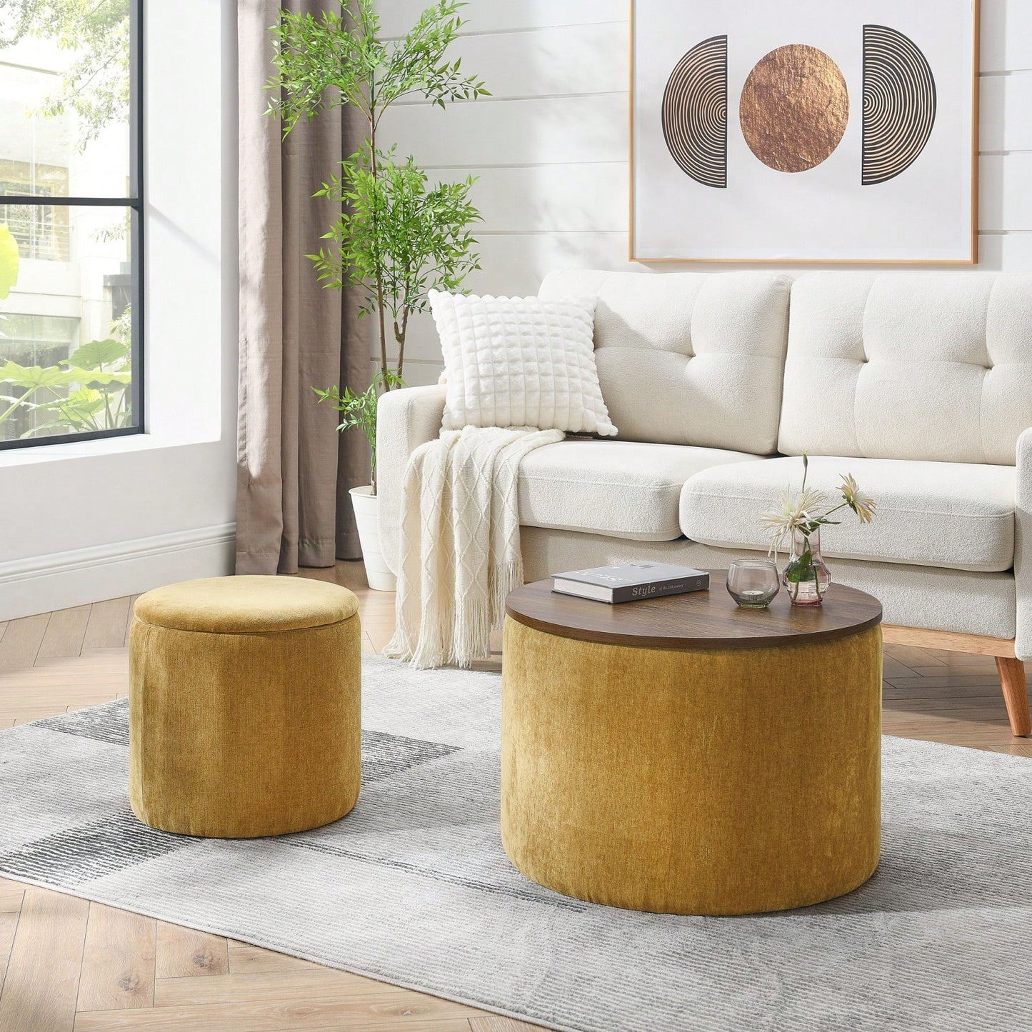 Round Chenille Ottoman Set with Hidden Storage and Soft Padded Foot Stool for Living Room and Bedroom 23.62 Inches