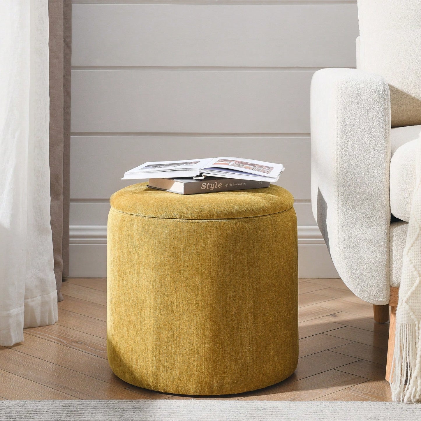 Round Chenille Ottoman Set with Hidden Storage and Soft Padded Foot Stool for Living Room and Bedroom 23.62 Inches