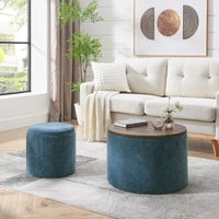 Round Chenille Ottoman Set with Hidden Storage and Soft Padded Foot Stool for Living Room and Bedroom 23.62 Inches