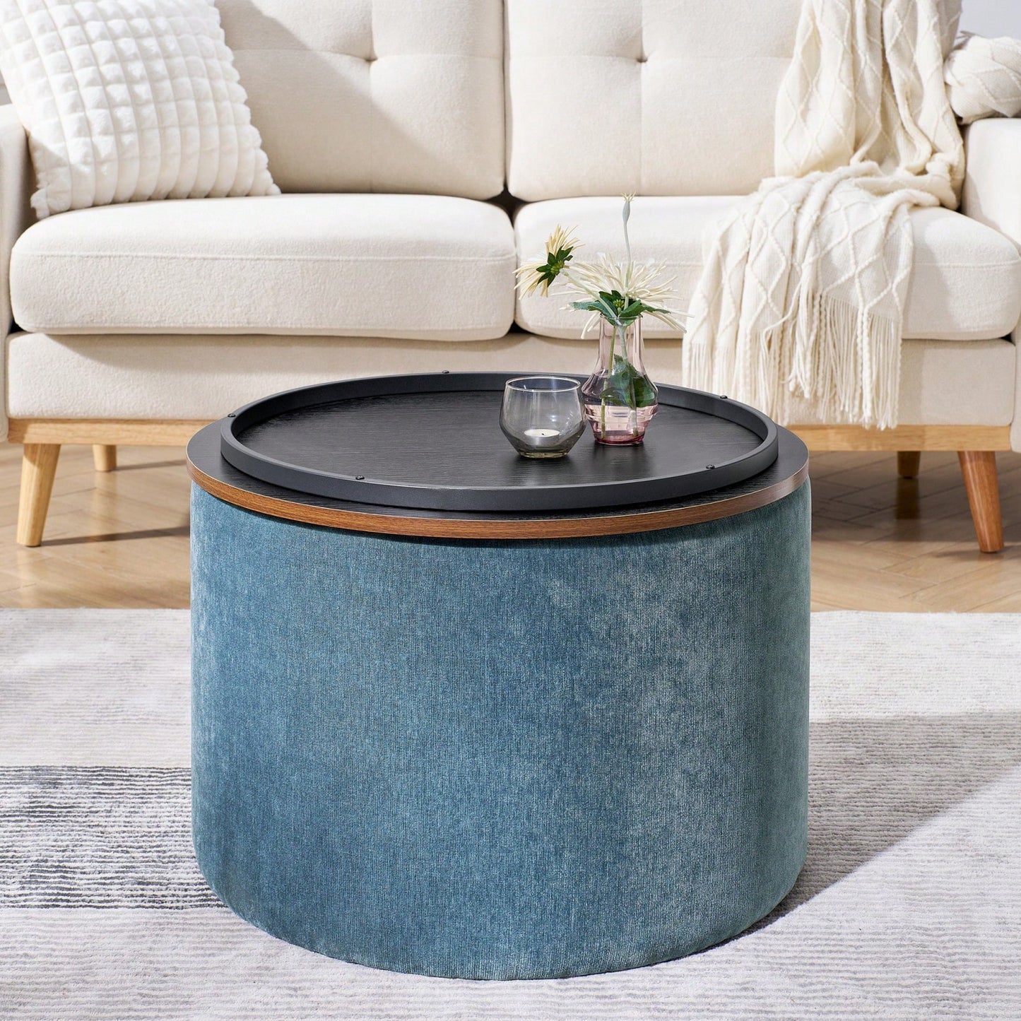 Round Chenille Ottoman Set with Hidden Storage and Soft Padded Foot Stool for Living Room and Bedroom 23.62 Inches