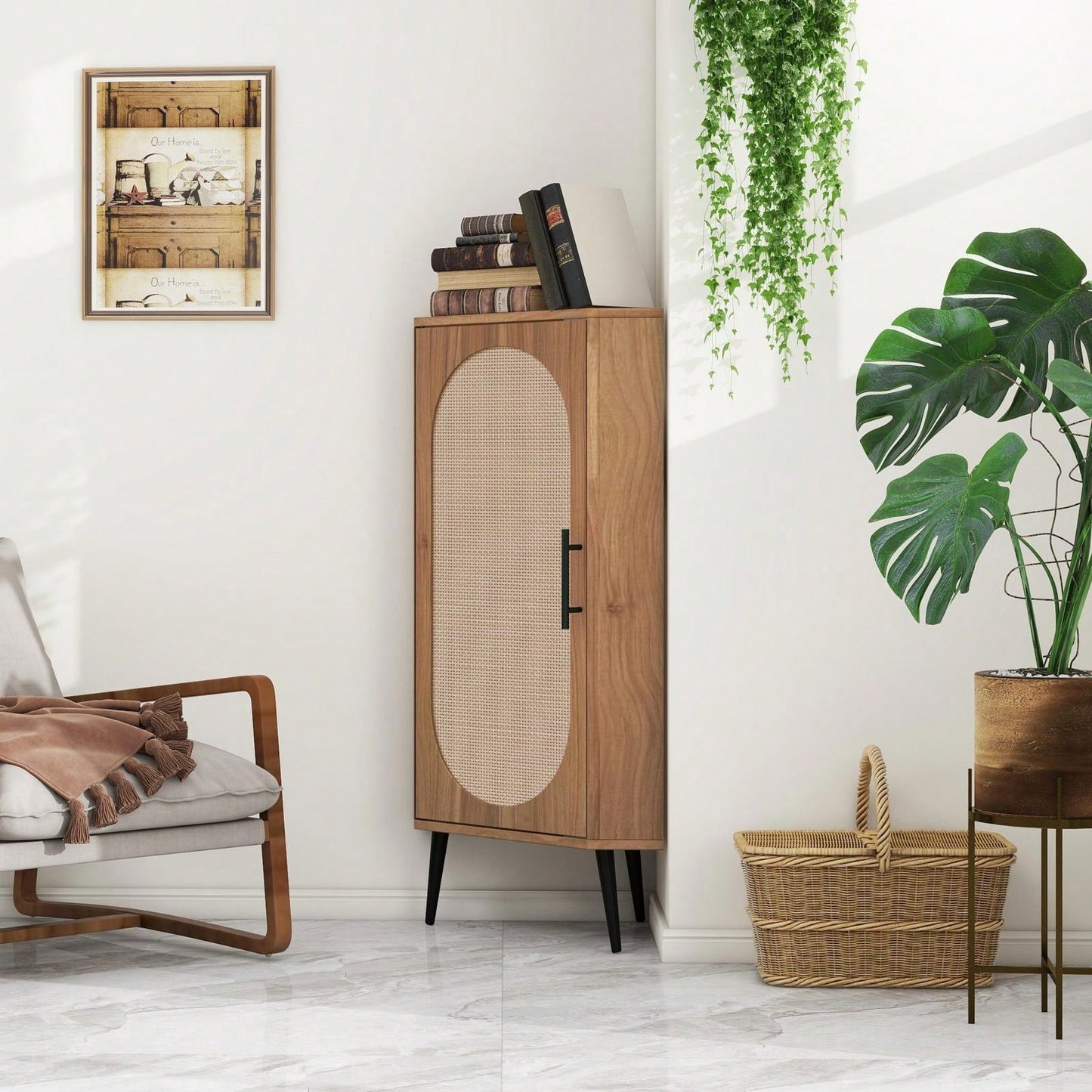 Corner Storage Cabinet with Rattan Doors and Adjustable Shelves for Small Spaces in Living Room Bedroom Kitchen and Bathroom