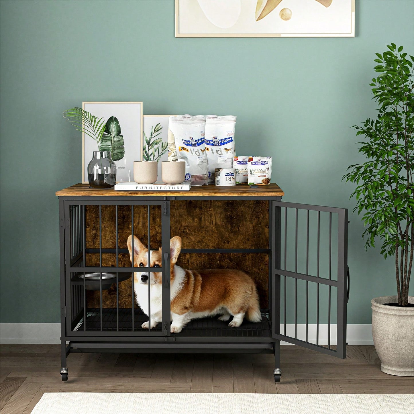 Heavy Duty Steel and Wood Dog Crate Furniture with Removable Tray and Adjustable Feeding Bowls