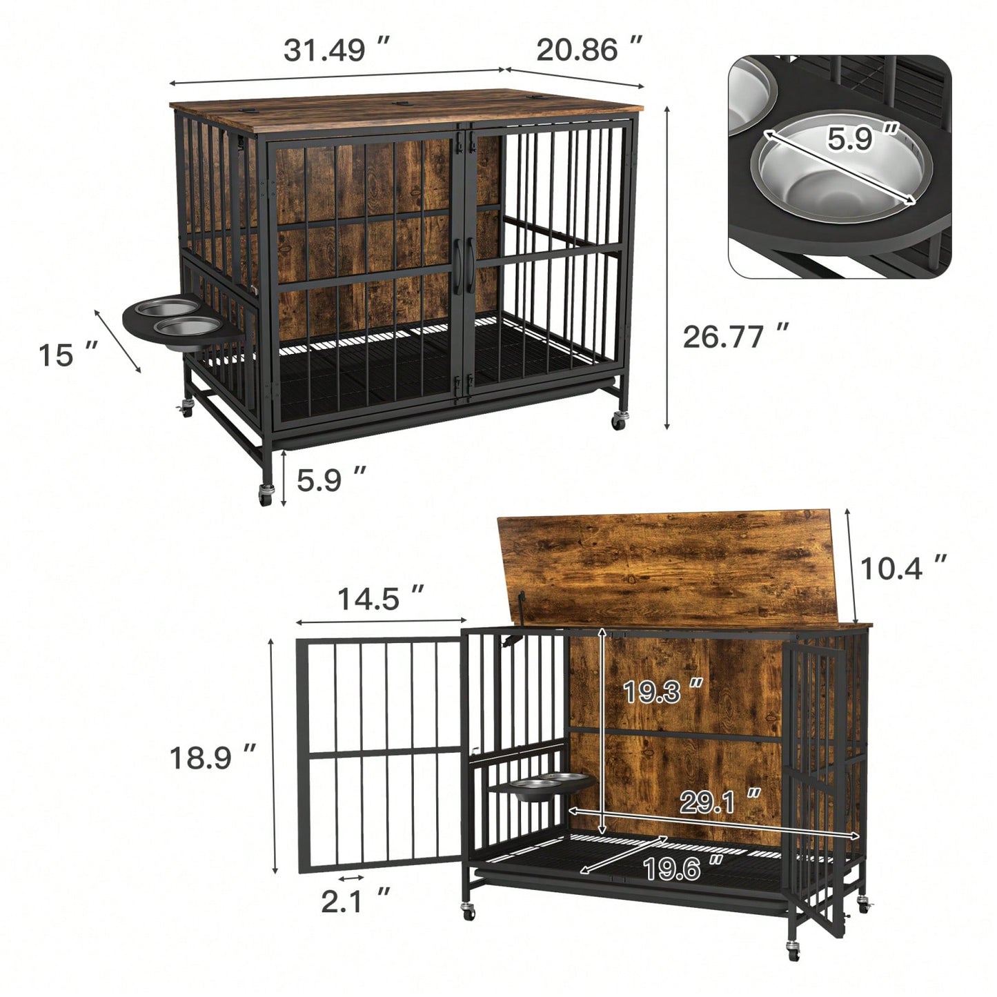 Heavy Duty Steel and Wood Dog Crate Furniture with Removable Tray and Adjustable Feeding Bowls