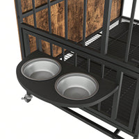 Heavy Duty Steel and Wood Dog Crate Furniture with Removable Tray and Adjustable Feeding Bowls