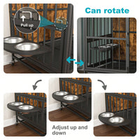 Heavy Duty Steel and Wood Dog Crate Furniture with Removable Tray and Adjustable Feeding Bowls