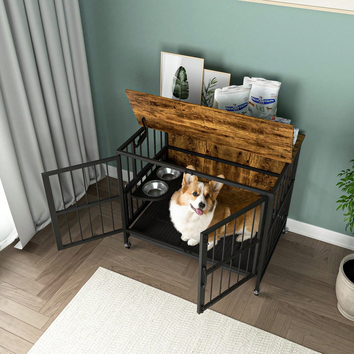 Heavy Duty Steel and Wood Dog Crate Furniture with Removable Tray and Adjustable Feeding Bowls