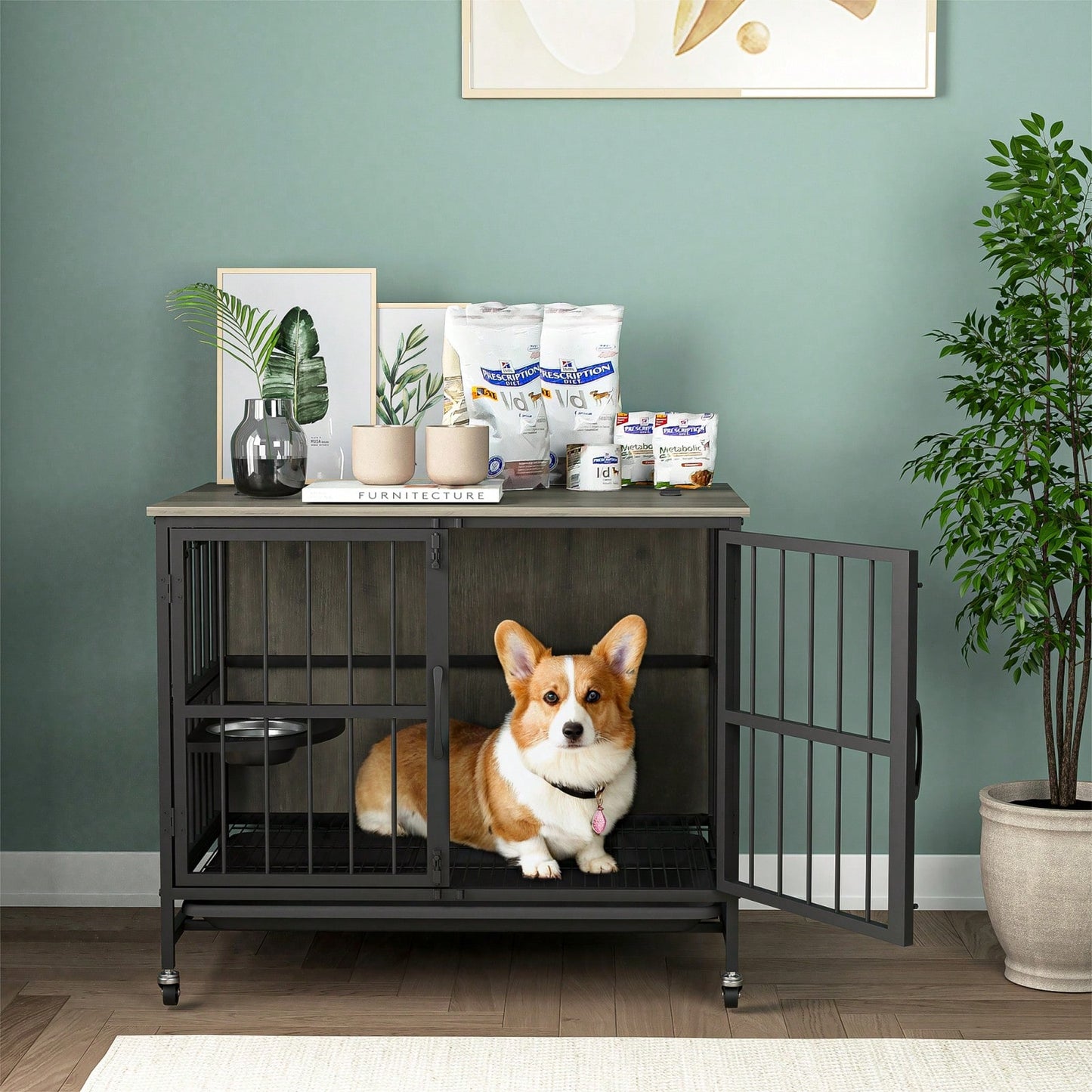 Heavy Duty Steel and Wood Dog Crate Furniture with Removable Tray and Adjustable Feeding Bowls