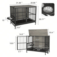 Heavy Duty Steel and Wood Dog Crate Furniture with Removable Tray and Adjustable Feeding Bowls