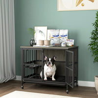 Heavy Duty Steel and Wood Dog Crate Furniture with Removable Tray and Adjustable Feeding Bowls