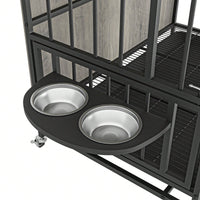 Heavy Duty Steel and Wood Dog Crate Furniture with Removable Tray and Adjustable Feeding Bowls