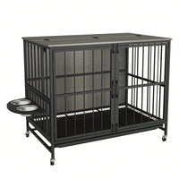 Heavy Duty Steel and Wood Dog Crate Furniture with Removable Tray and Adjustable Feeding Bowls