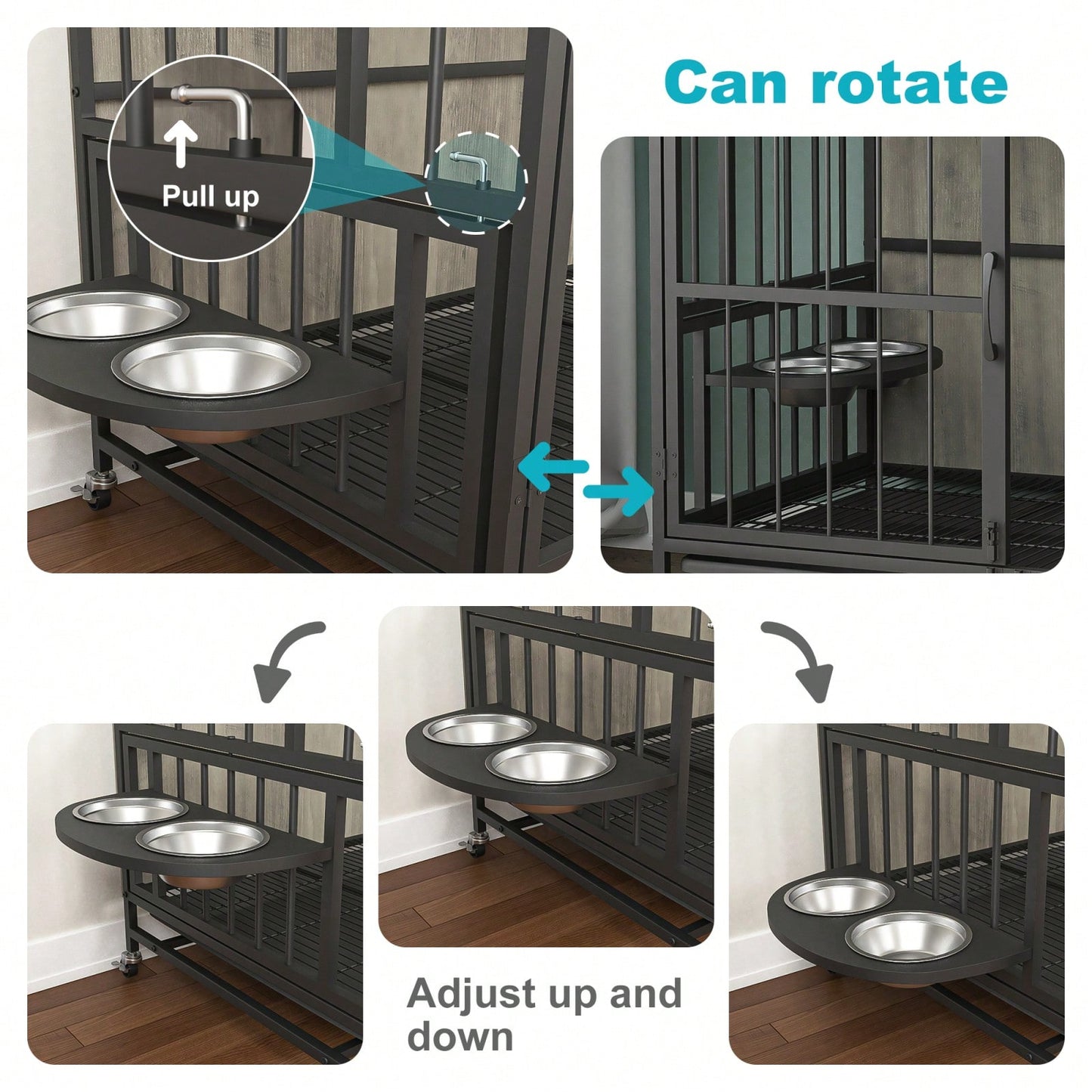 Heavy Duty Steel and Wood Dog Crate Furniture with Removable Tray and Adjustable Feeding Bowls