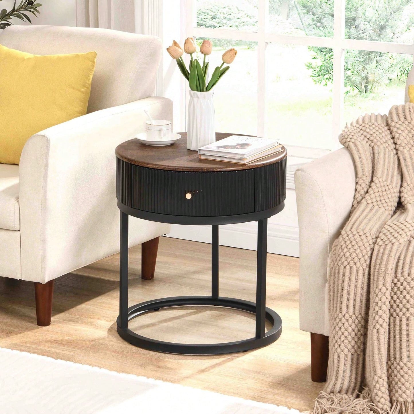 Sintered Stone Round End Table 19.68 Inch Nightstand with Drawer Waterproof Heat-Resistant Easy Assembly for Living Room Bedroom