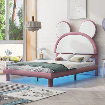 Full Size Platform Bed With LED Lights, Cartoon Ear Headboard, No Box Spring Needed, White & Pink