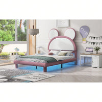 Full Size Platform Bed With LED Lights, Cartoon Ear Headboard, No Box Spring Needed, White & Pink